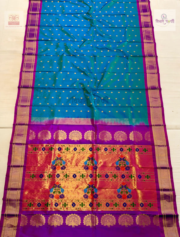 Handloom Pure Silk Kalanjali Paithani Saree- Peacock Blue — full saree — Vidhate Paithani, Yeola