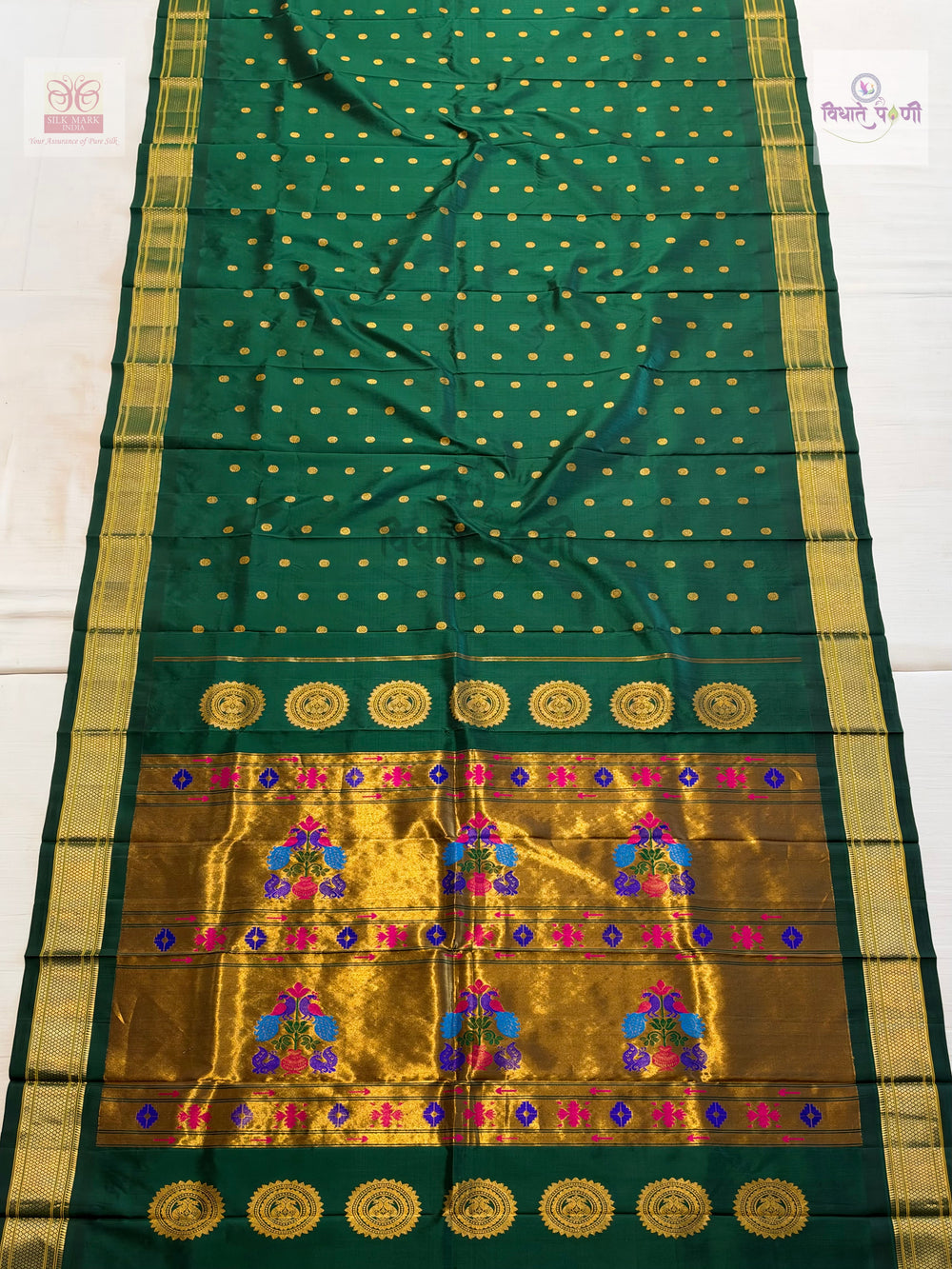 Handloom Pure Silk Kalanjali Paithani Saree- Bottle Green — full saree — Vidhate Paithani, Yeola