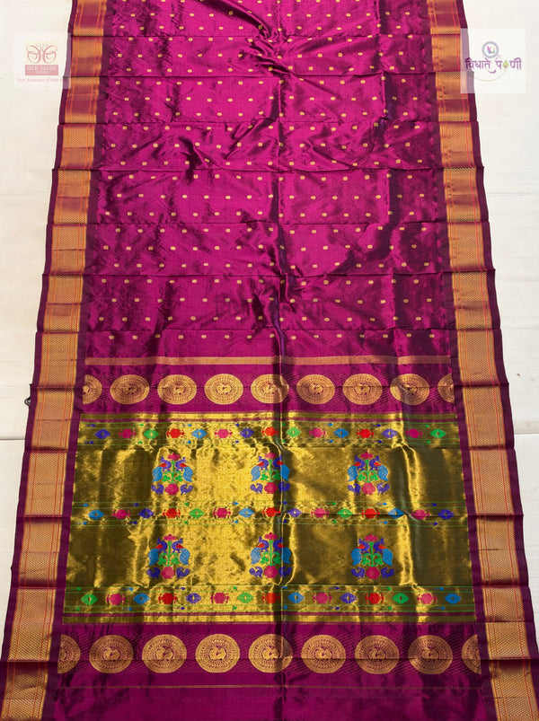 Handloom Pure Silk Kalanjali Paithani Saree- Wine — full saree — Vidhate Paithani, Yeola