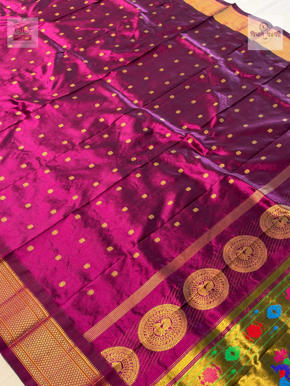Handloom Pure Silk Kalanjali Paithani Saree- Wine — close-up — Vidhate Paithani, Yeola