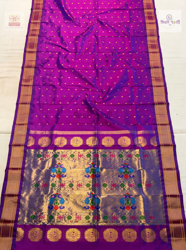 Handloom Pure Silk Kalanjali Paithani Saree- Magenta — full saree — Vidhate Paithani, Yeola
