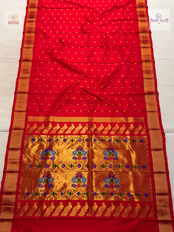 Handloom Pure Silk Kalanjali Paithani Saree- Red — full saree — Vidhate Paithani, Yeola