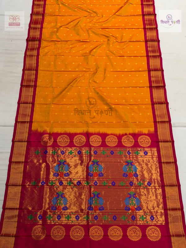 Handloom Pure Silk Kalanjali Paithani Saree- Lemon Orange Mix — full saree — Vidhate Paithani, Yeola