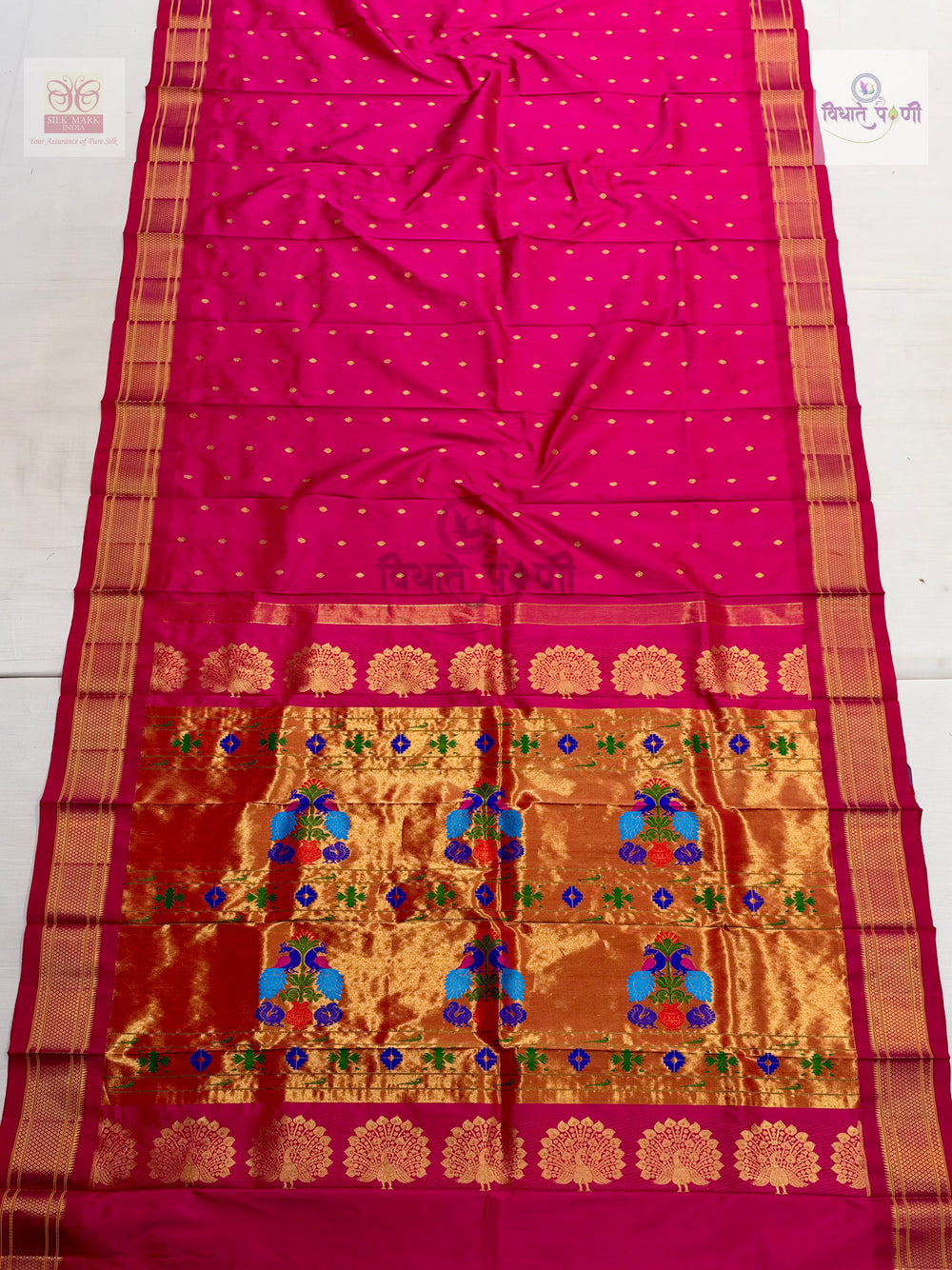 Handloom Pure Silk Kalanjali Paithani Saree- Hot Pink — full saree — Vidhate Paithani, Yeola
