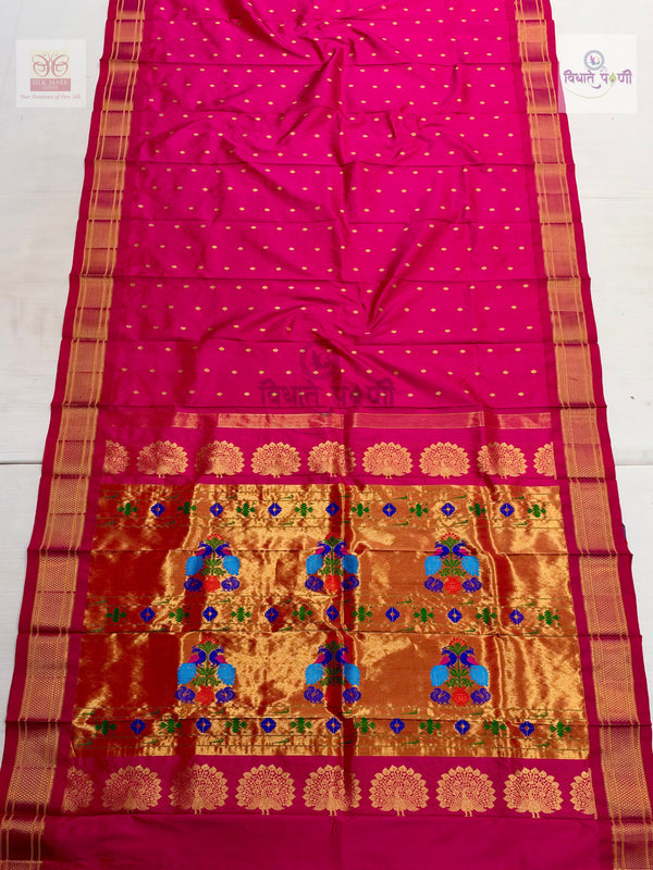 Handloom Pure Silk Kalanjali Paithani Saree- Hot Pink — full saree — Vidhate Paithani, Yeola