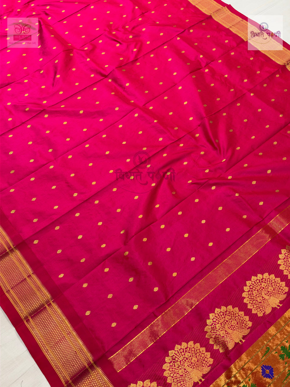 Handloom Pure Silk Kalanjali Paithani Saree- Hot Pink — close-up — Vidhate Paithani, Yeola