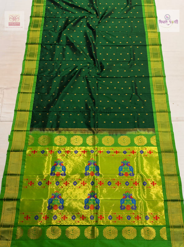 Handloom Pure Silk Kalanjali Paithani Saree- Bottle Green — full saree — Vidhate Paithani, Yeola