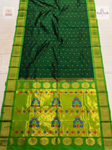 Handloom Pure Silk Kalanjali Paithani Saree- Bottle Green — full saree — Vidhate Paithani, Yeola