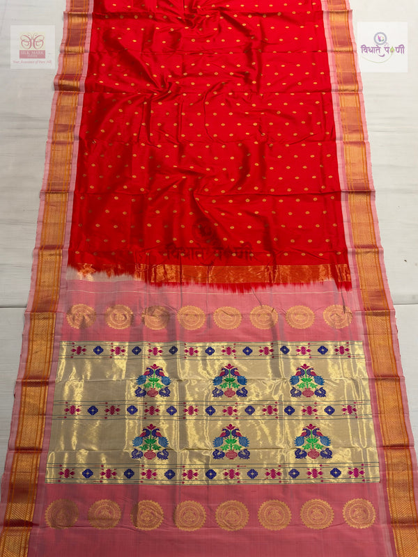 Handloom Pure Silk Kalanjali Paithani Saree- Red — full saree — Vidhate Paithani, Yeola