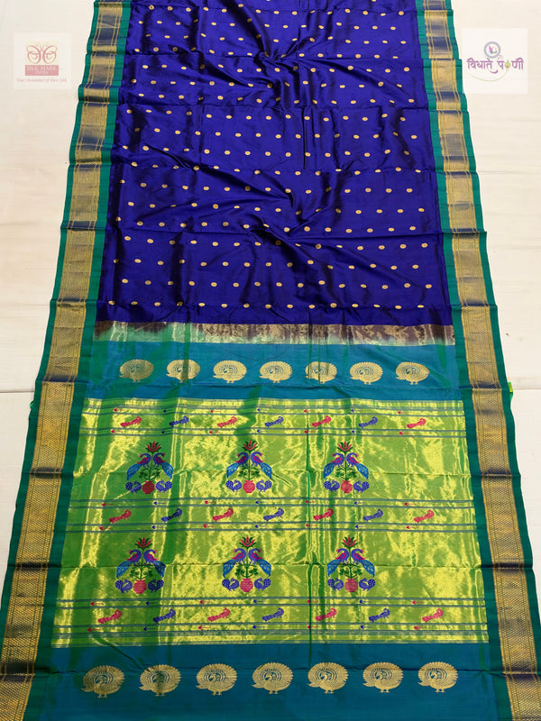 Handloom Pure Silk Kalanjali Paithani Saree- Blue — full saree — Vidhate Paithani, Yeola