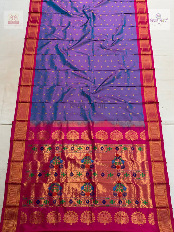 Handloom Pure Silk Kalanjali Paithani Saree- Blue Pink Mix — full saree — Vidhate Paithani, Yeola