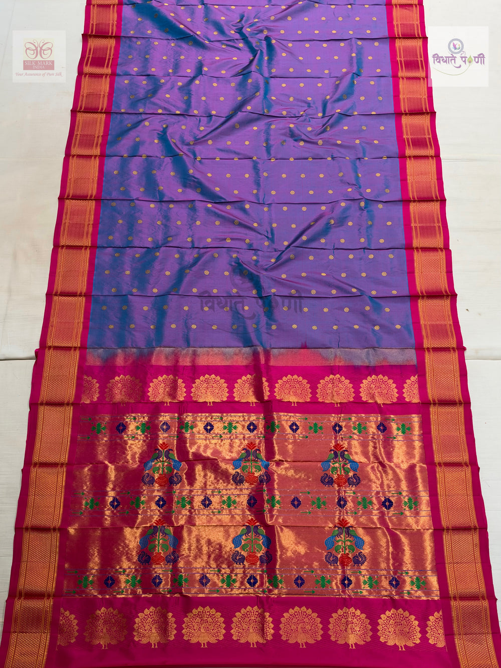 Handloom Pure Silk Kalanjali Paithani Saree- Blue Pink Mix — full saree — Vidhate Paithani, Yeola
