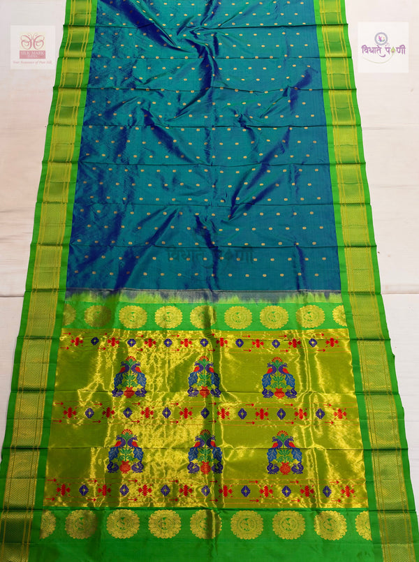Handloom Pure Silk Kalanjali Paithani Saree- Sea Green — full saree — Vidhate Paithani, Yeola