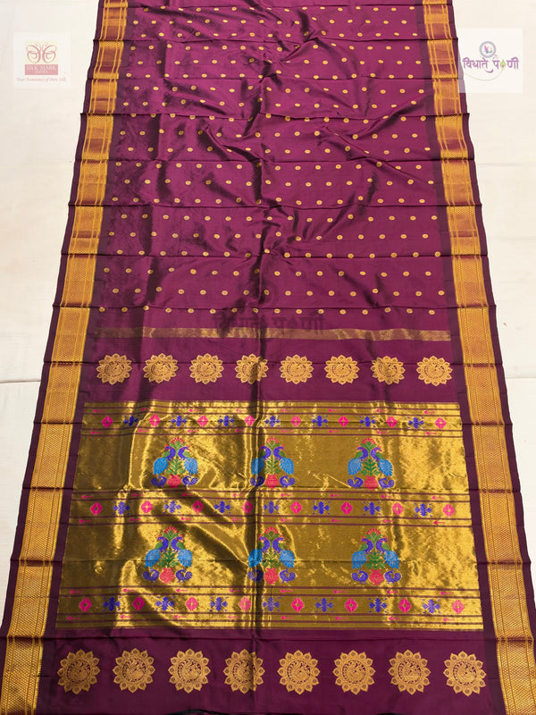 Handloom Pure Silk Kalanjali Paithani Saree- Brinjal — full saree — Vidhate Paithani, Yeola