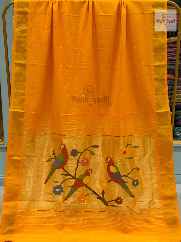 Handloom Pure Cotton Paithani Saree - Parrot Pallu - Mango — full saree — Vidhate Paithani, Yeola