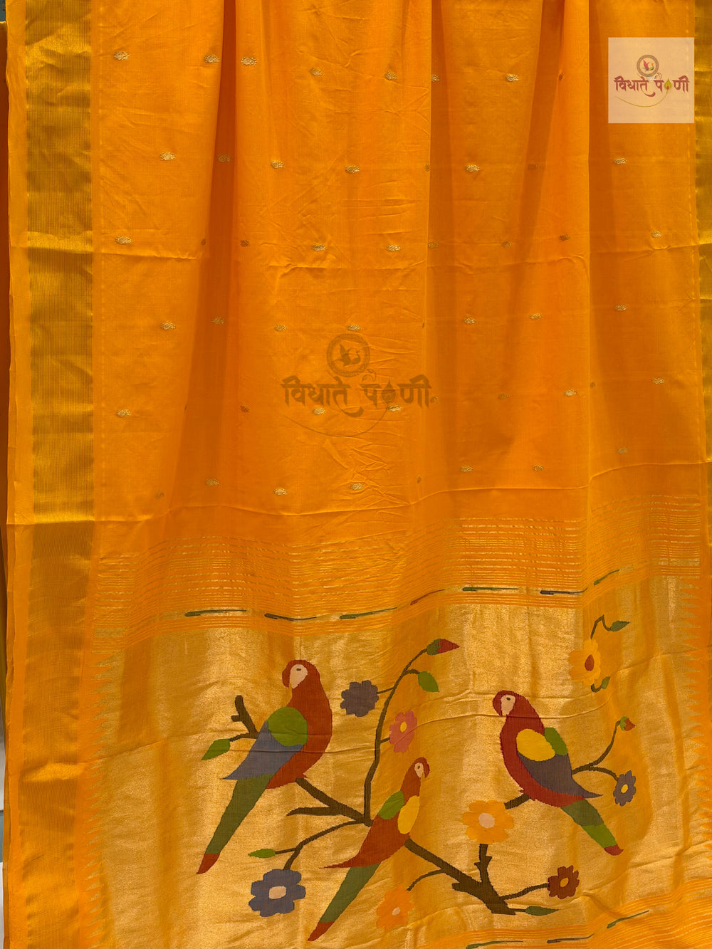 Handloom Pure Cotton Paithani Saree - Parrot Pallu - Mango — close-up — Vidhate Paithani, Yeola