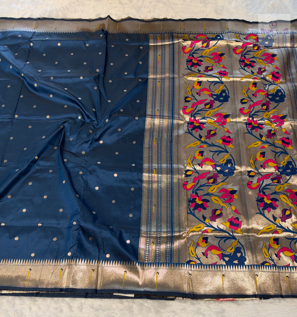 Munia Soft Silk Paithani Saree- Sulphate Blue — full saree — Vidhate Paithani