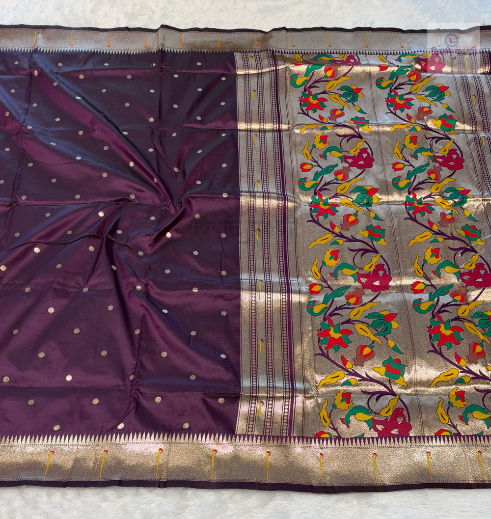 Munia Soft Silk Paithani Saree- Dark Brinjal — full saree — Vidhate Paithani