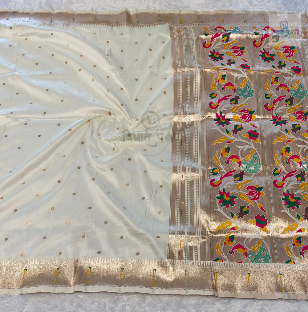 Munia Soft Silk Paithani Saree- Off White — full saree — Vidhate Paithani