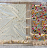 Munia Soft Silk Paithani Saree- Off White — full saree — Vidhate Paithani