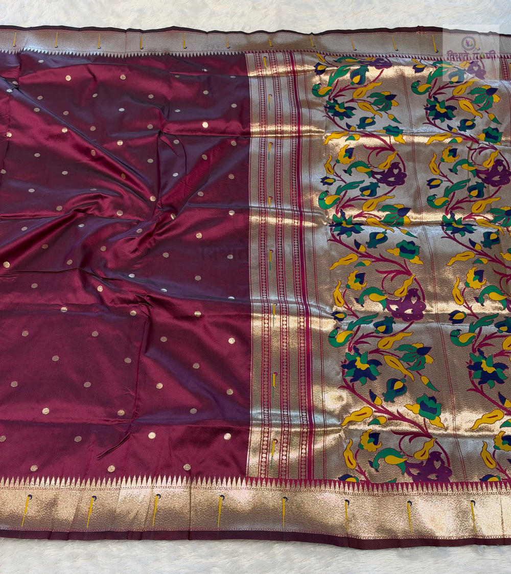 Munia Soft Silk Paithani Saree- Wine — full saree — Vidhate Paithani