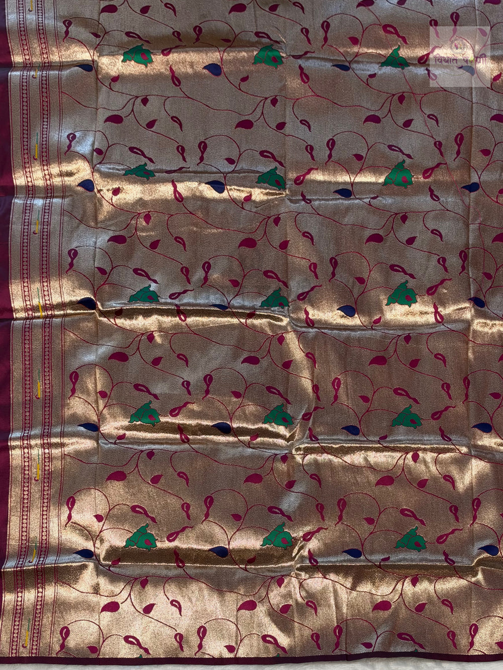 Munia Soft Silk Paithani Saree- Dark Brinjal — pallu and border detail — Vidhate Paithani