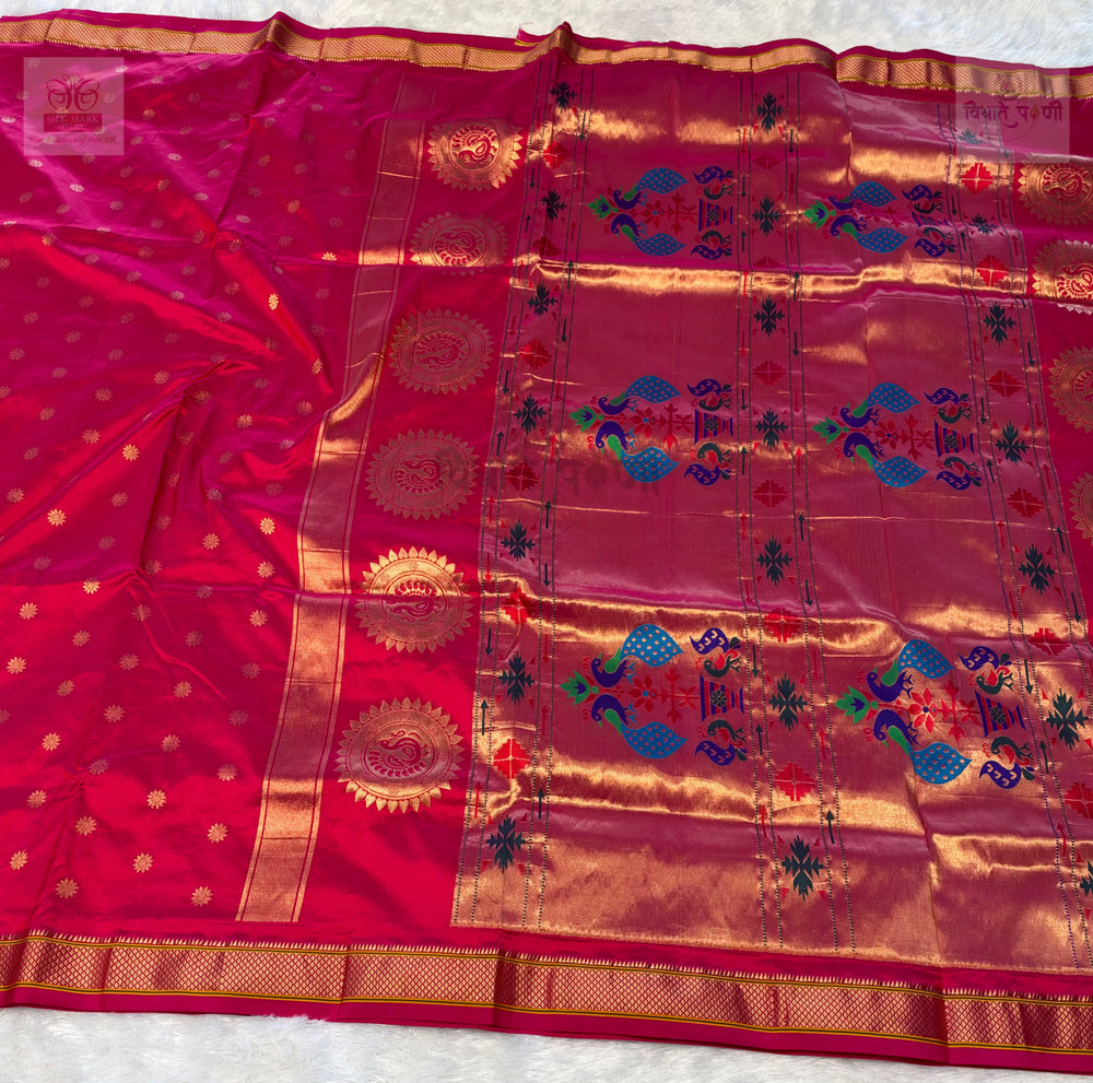 Powerloom Pure Silk Kalanjali Paithani Saree - Red Pink Mix — full saree — Vidhate Paithani