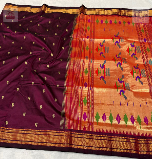 Handloom Pure Silk Double Pallu Paithani Saree – Wine — full saree draped and laid flat — Vidhate Paithani, Yeola