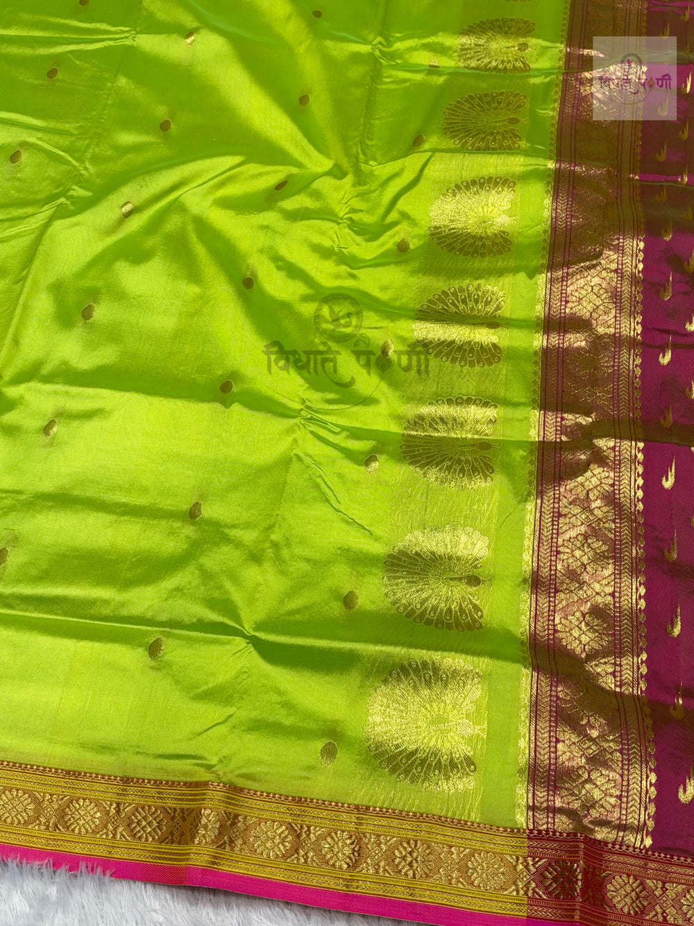 Jijamata Single Ply Pure Silk Saree – Parrot Green — pallu detail — Vidhate Paithani, Yeola