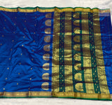 Jijamata Single Ply Pure Silk Saree – Peacock Blue — full saree draped and laid flat — Vidhate Paithani, Yeola