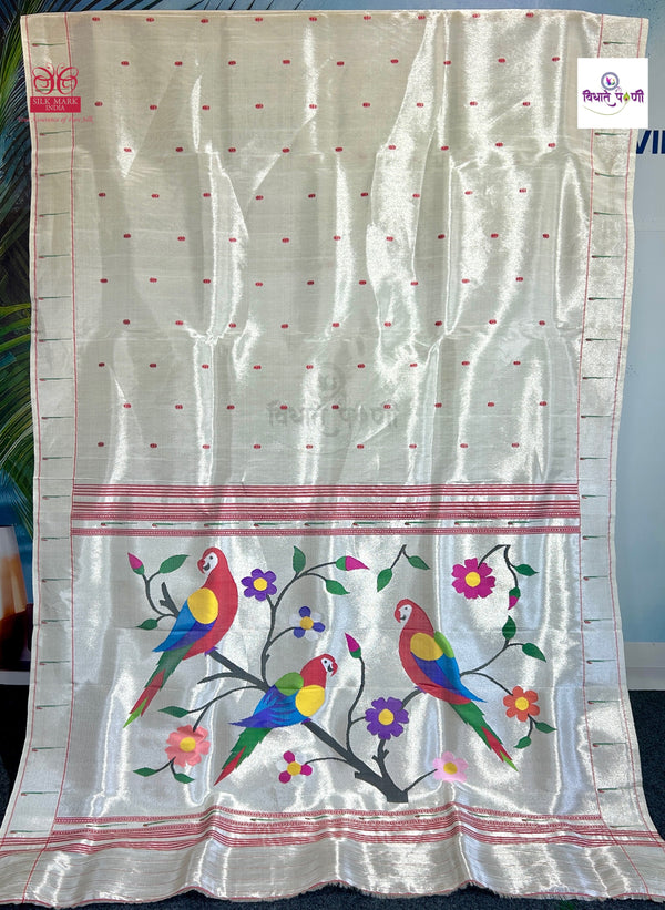 Handloom Pure Tissue Single Munia Paithani Saree - White