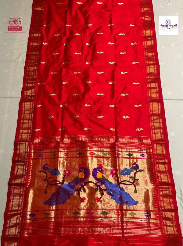 Handloom Pure Silk Paithani Saree - Designer Pallu - Red