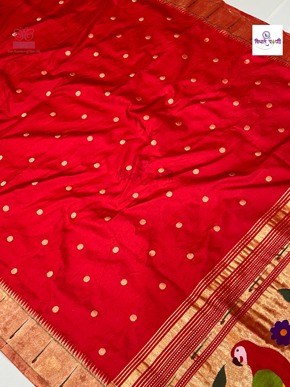 Red Handloom Pure Silk Single Munia Paithani Saree — pallu with zari brocade detail — Vidhate Paithani, Yeola