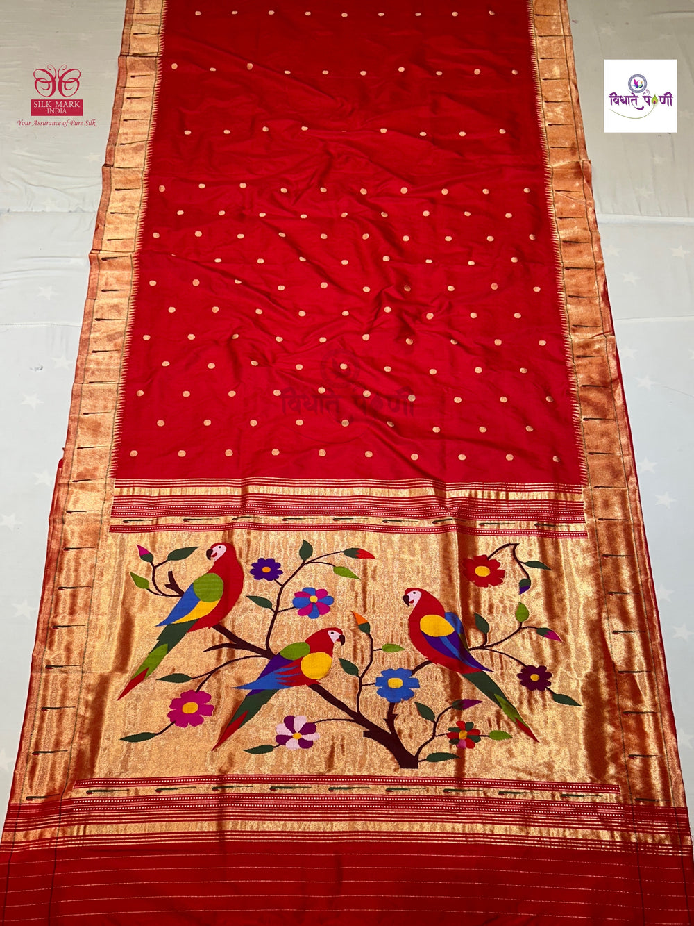 Red Handloom Pure Silk Single Munia Paithani Saree — full saree draped and laid flat — Vidhate Paithani, Yeola