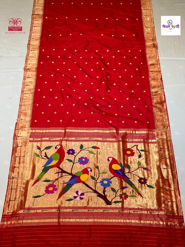 Handloom Pure Silk Single Munia Paithani Saree - Red 2
