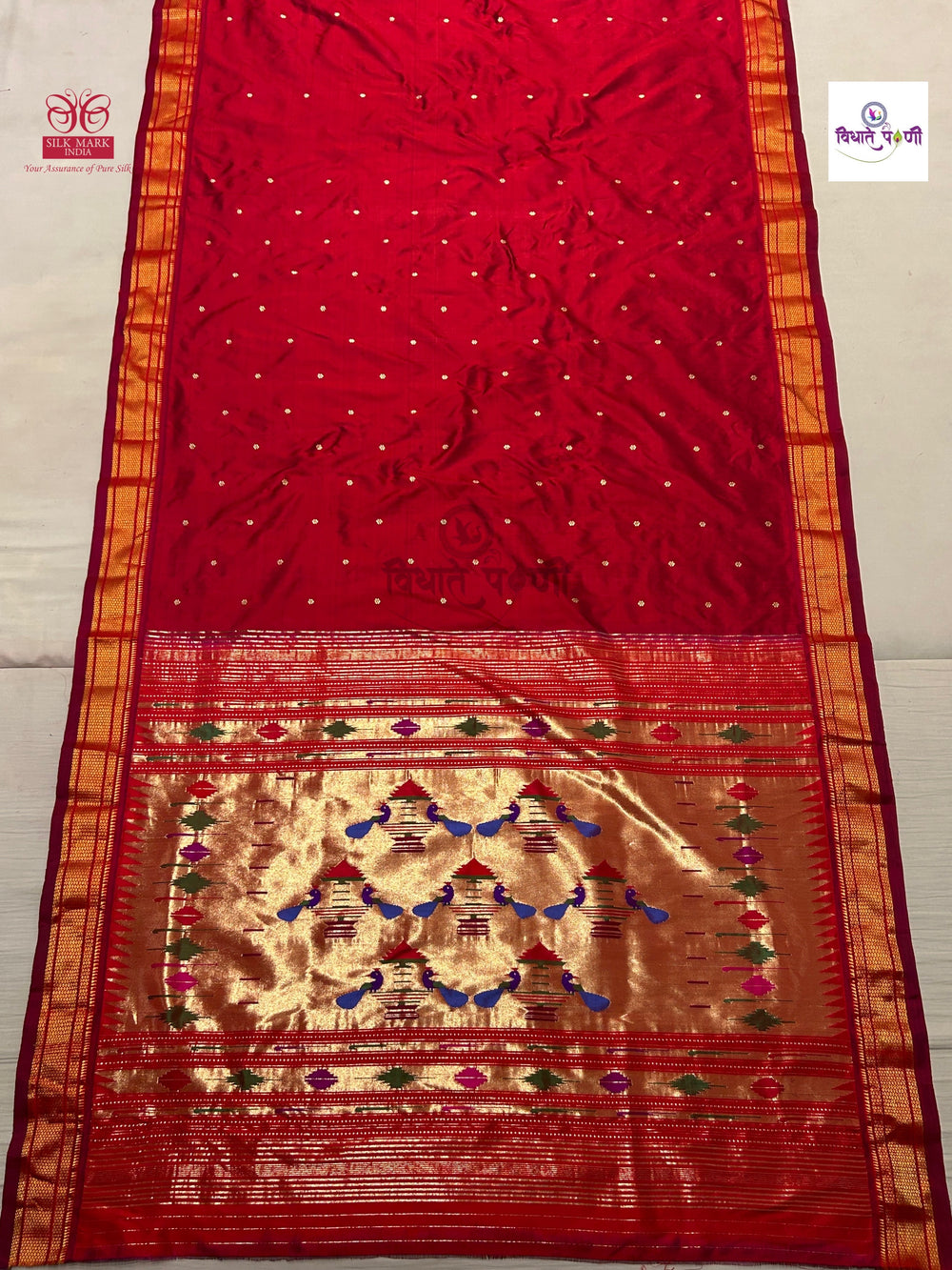 Sindoor Red Handloom Pure Silk Double Pallu Paithani Saree — full saree draped and laid flat — Vidhate Paithani, Yeola