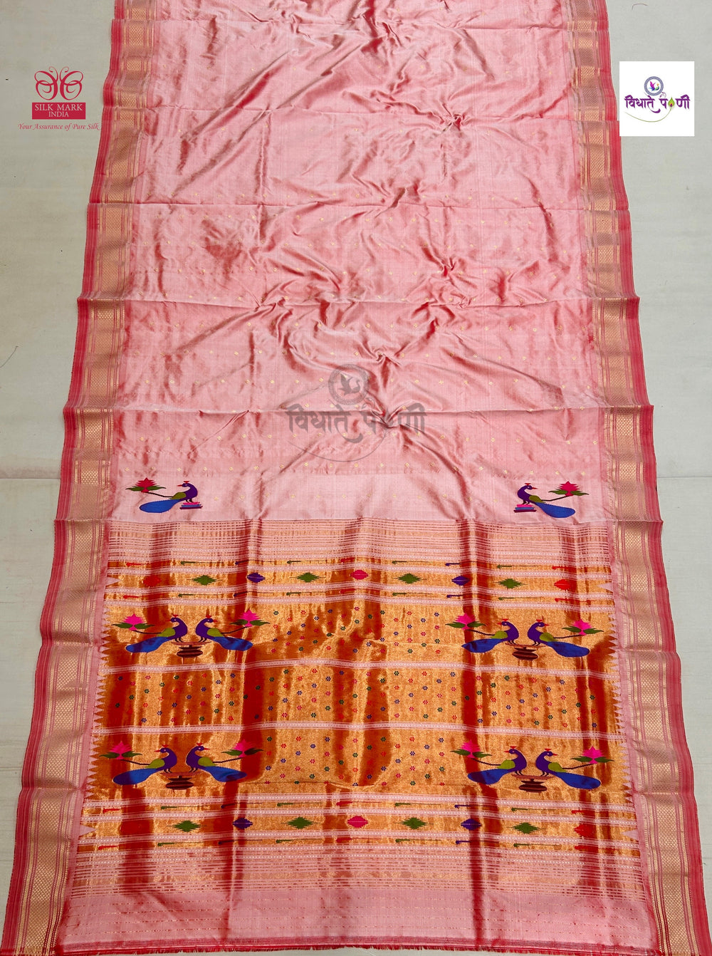 Pastel Red Handloom Pure Silk Paithani Saree - Designer Pallu — full saree draped and laid flat — Vidhate Paithani, Yeola