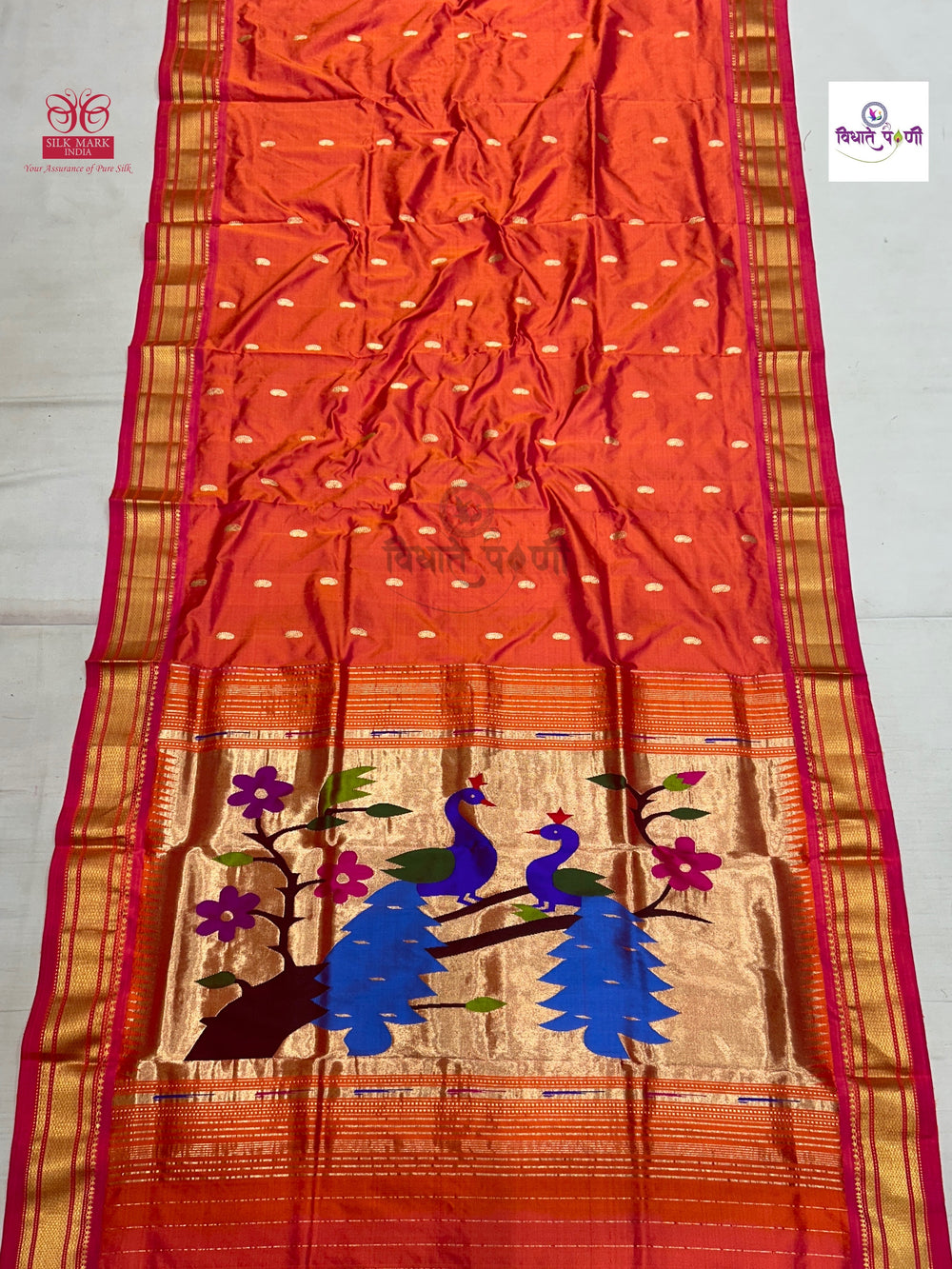 Handloom Pure Silk Paithani Saree - Designer Pallu - Orange-Pink Mix