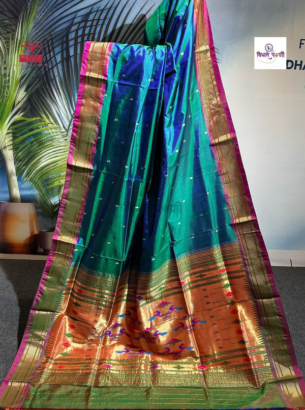 Handloom Pure Silk Double Pallu Paithani Saree - Sea Green