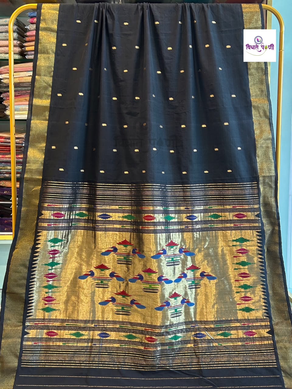 Black Handloom Pure Cotton Paithani Saree - Double Pallu