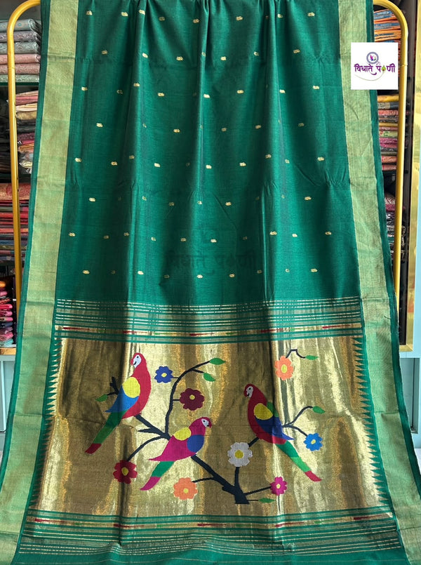 Handloom Pure Cotton Paithani Saree - American Parrot Pallu - Bottle Green