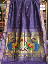 Lavender Handloom Pure Cotton Paithani Saree - Peacock Lotus Pallu — full saree draped and laid flat — Vidhate Paithani, Yeola