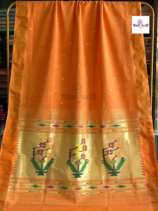 Handloom Pure Cotton Paithani Saree - Asawali Pallu - Mango