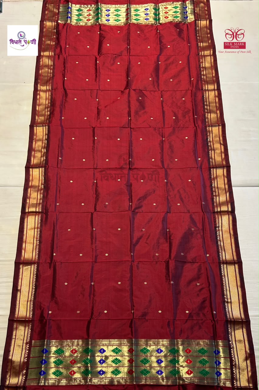 Handloom Pure Silk Paithani Dupatta - 5 — full dupatta laid flat — Vidhate Paithani, Yeola