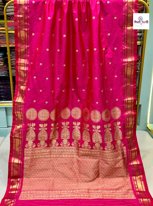 Vintage Handloom Pure Silk Chandrakor Paithani Saree - Rani Pink