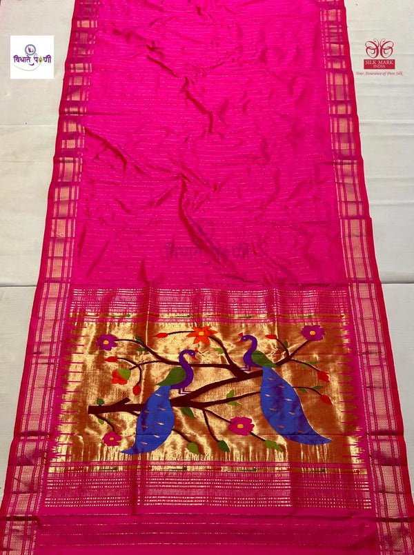 Handloom Pure Silk Stripes Paithani Saree - Designer Pallu - Hot Pink