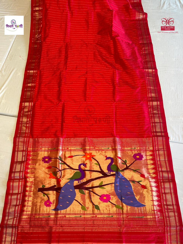 Handloom Pure Silk Stripes Paithani Saree - Designer Pallu - 1