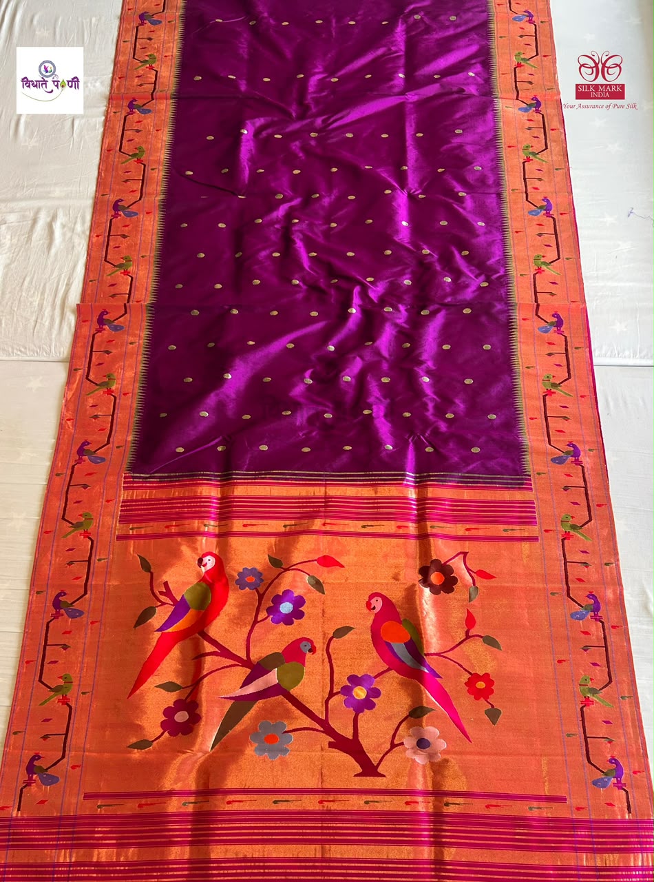 Handloom Pure Silk Paithani Saree - Brocade Border Designer Pallu — full saree draped and laid flat — Vidhate Paithani, Yeola