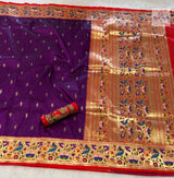 Rajhauns Semi Paithani Saree in Purple with gold floral pallu and designer red Aari work blouse