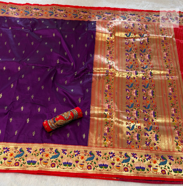 Rajhauns Semi Paithani Saree in Purple with gold floral pallu and designer red Aari work blouse